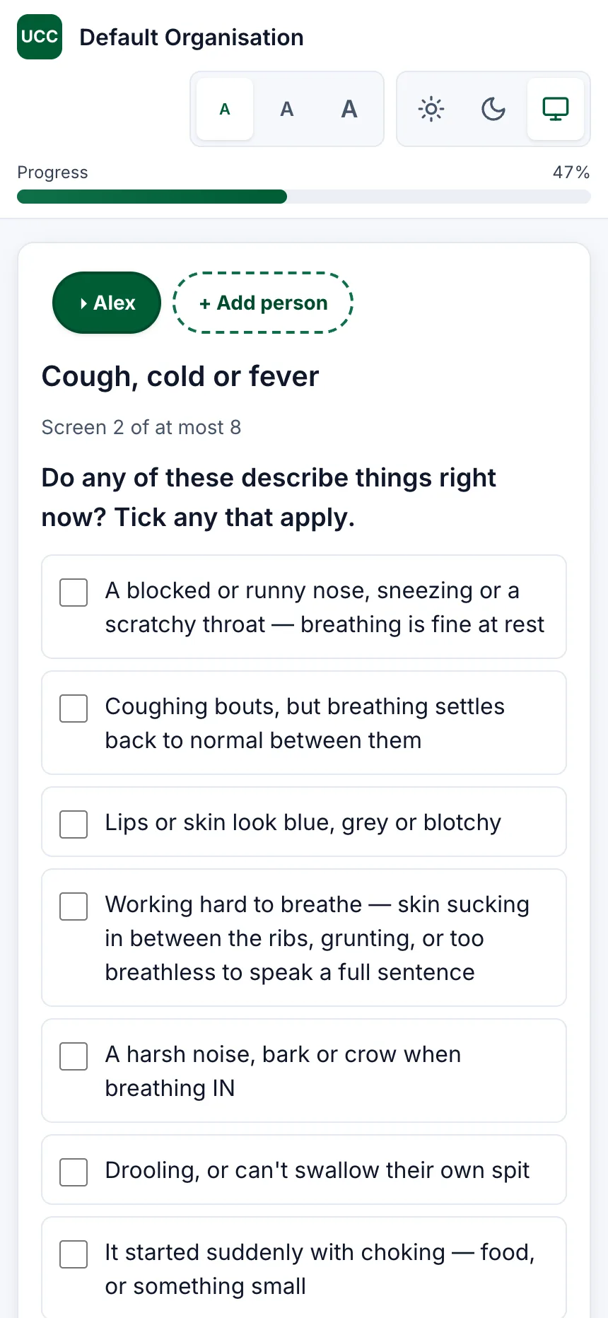 A checklist screen headed “Cough, cold or fever”, marked “Screen 2 of at most 8”, asking “Do any of these describe things right now? Tick any that apply.” above a column of tickable statements.