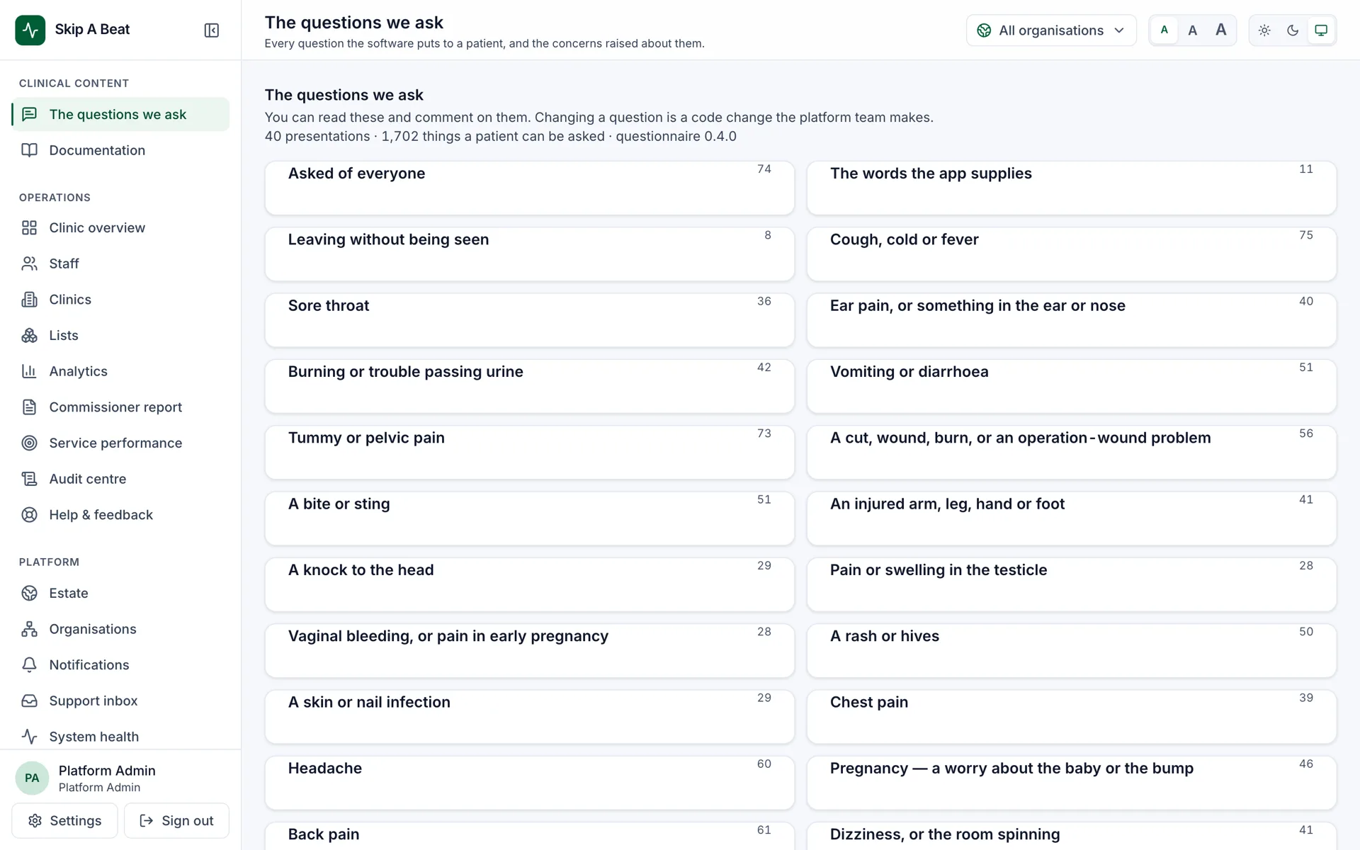 A screen headed “The questions we ask — every question the software puts to a patient, and the concerns raised about them”, with a count of presentations and of the individual things a patient can be asked, above a two-column list of sections such as “Asked of everyone”, “Cough, cold or fever” and “Sore throat”, each with a number beside it.
